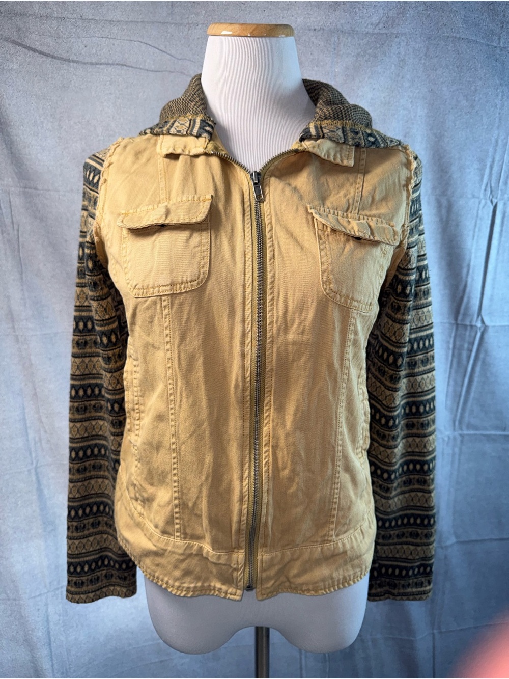 1642-Others Follow Mustard Utility Jacket with Patterned Knit Sleeves